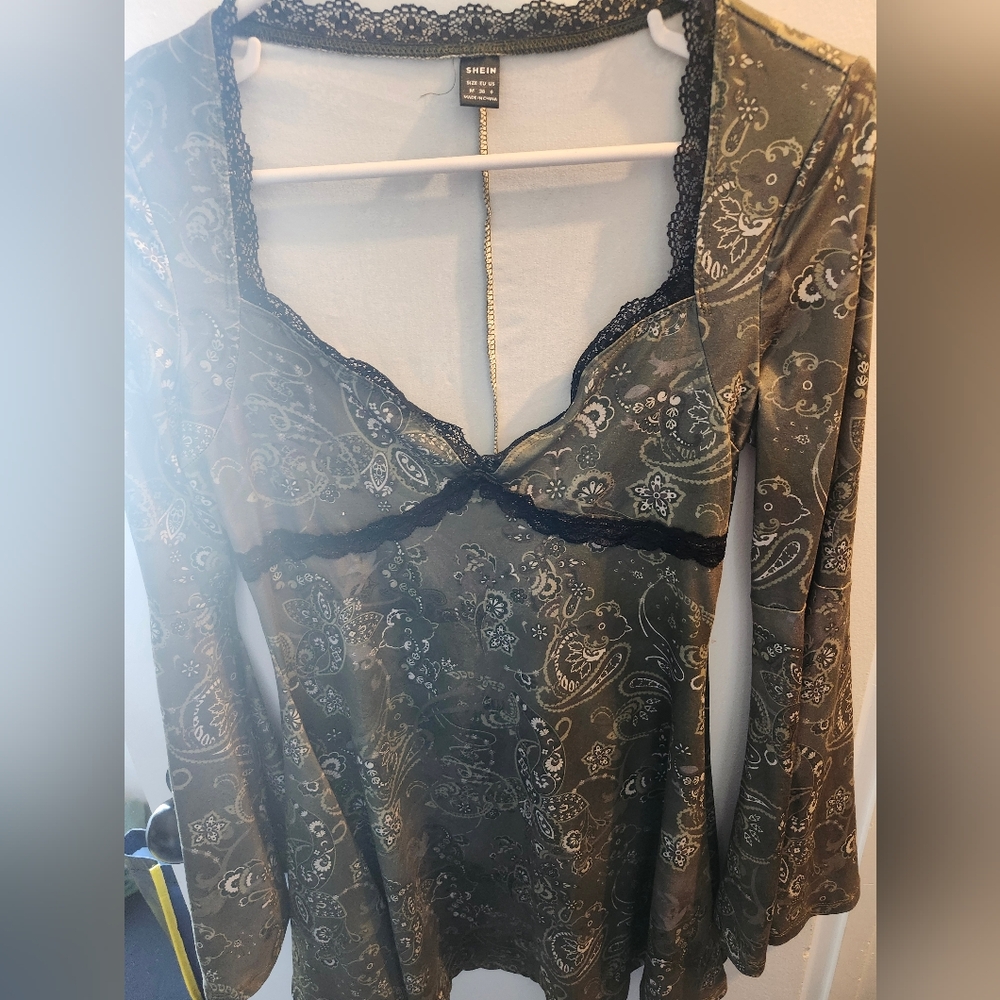 SHEIN Black and Gray Paisley Lace Chemise